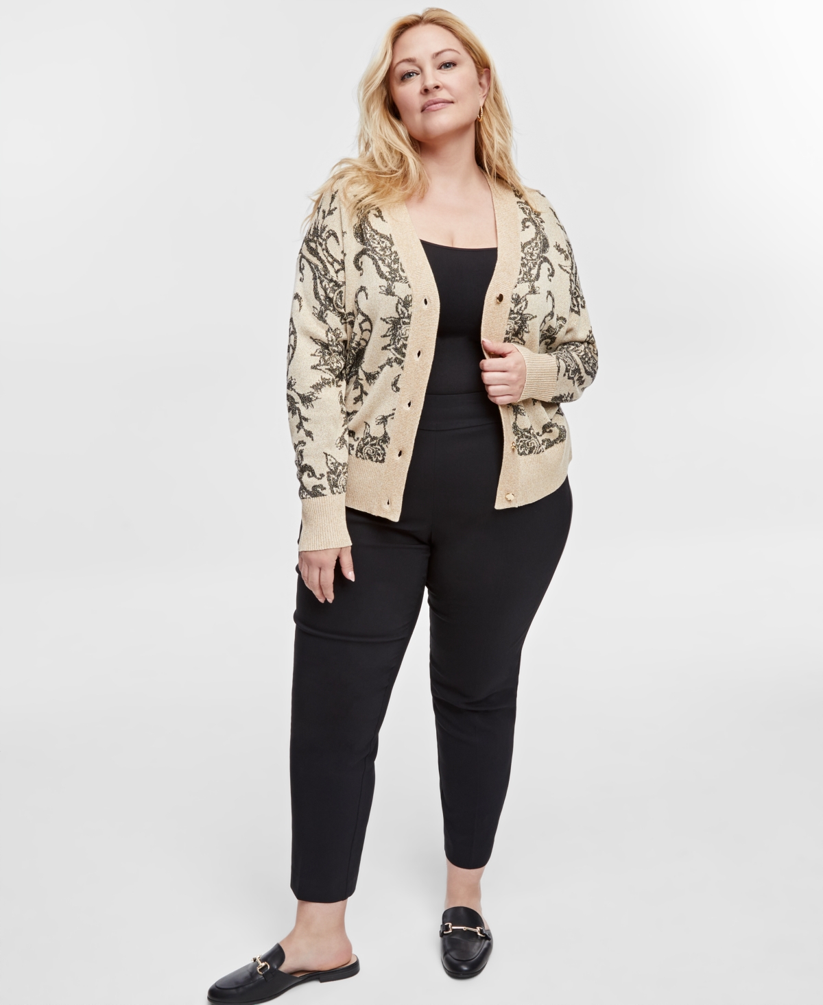 Jm Collection Plus Size Print Metallic-Threaded Cardigan, Exclusively at Macy's