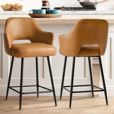 25.5" Armrest Faux Leather Counter Height Stools With Metal Legs(Set of 2)-Maison Boucle
