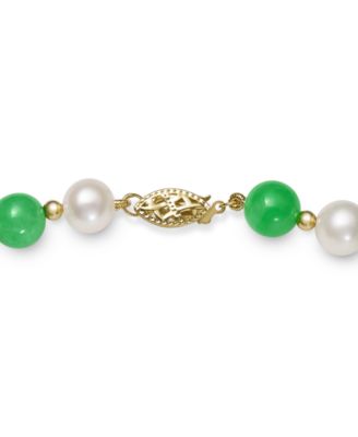 Dyed Green Jade & Freshwater Pearl (7-1/2mm) 18" Collar Necklace in 14k Gold