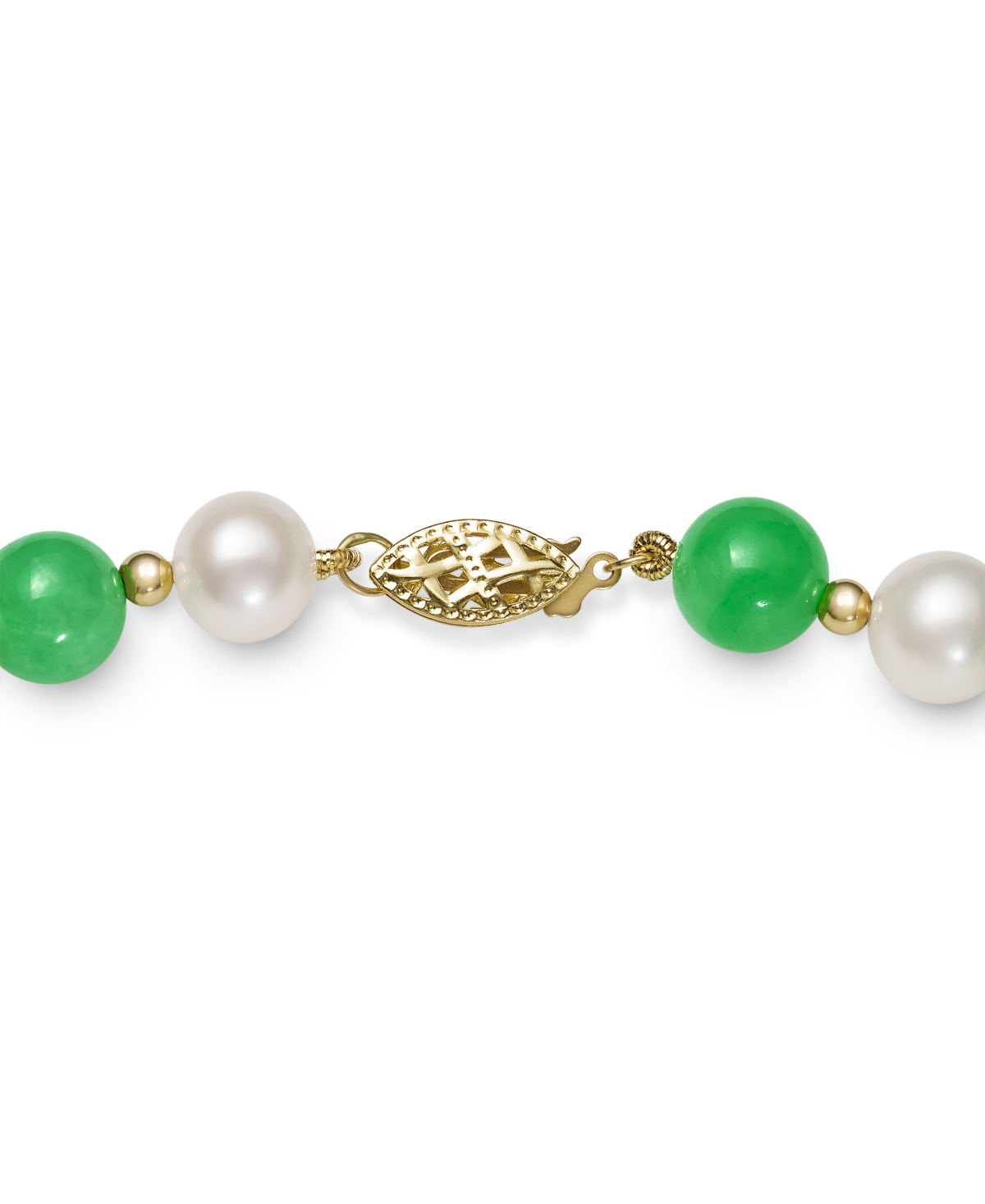 Macy's Dyed Green Jade & Freshwater Pearl (7-1/2mm) 18" Collar Necklace In 14k Gold In Yellow Gold