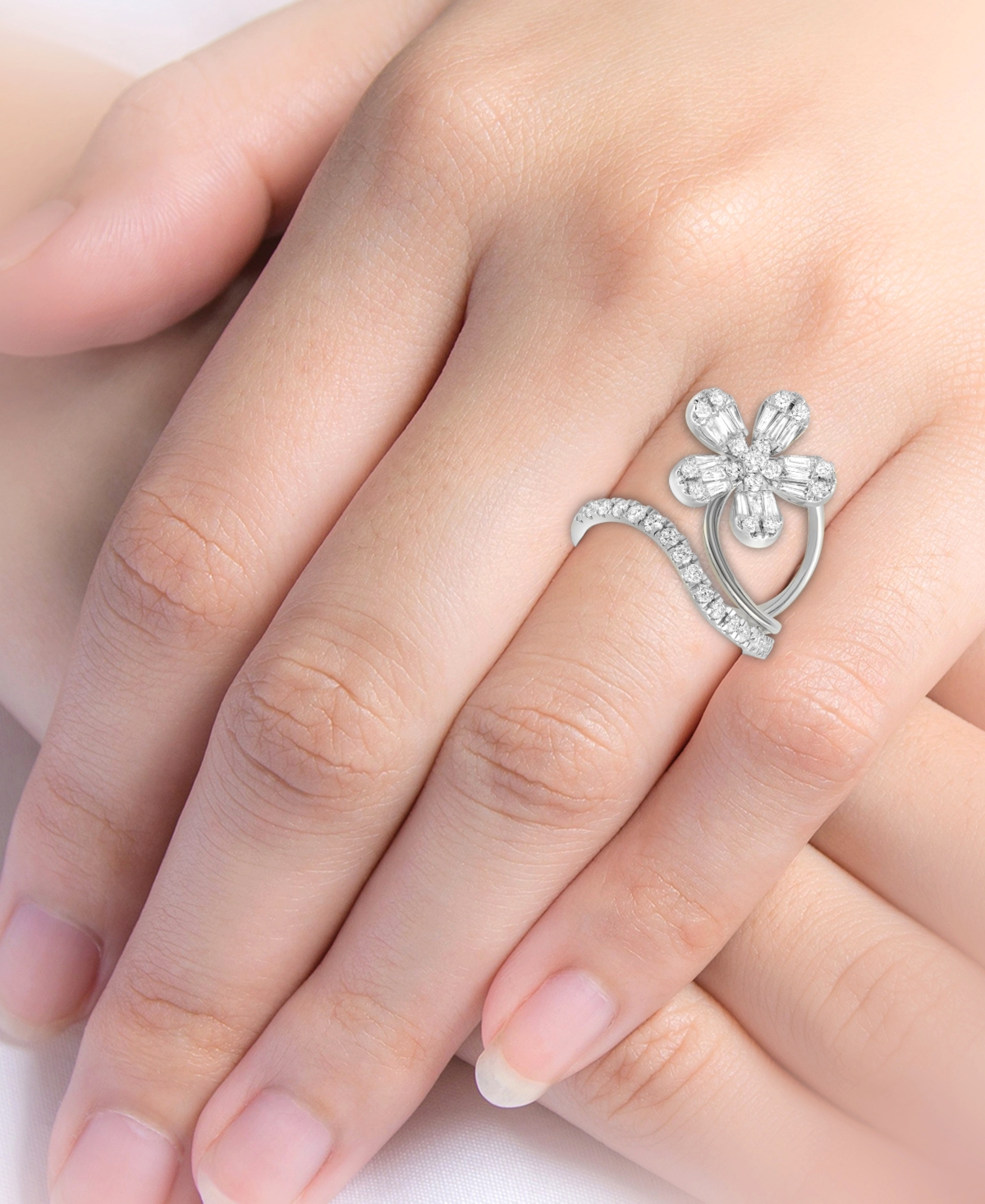 Macy's Diamond Round & Baguette Flower Statement Ring (1 Ct. T.w.) In 14k White Gold In White Gold