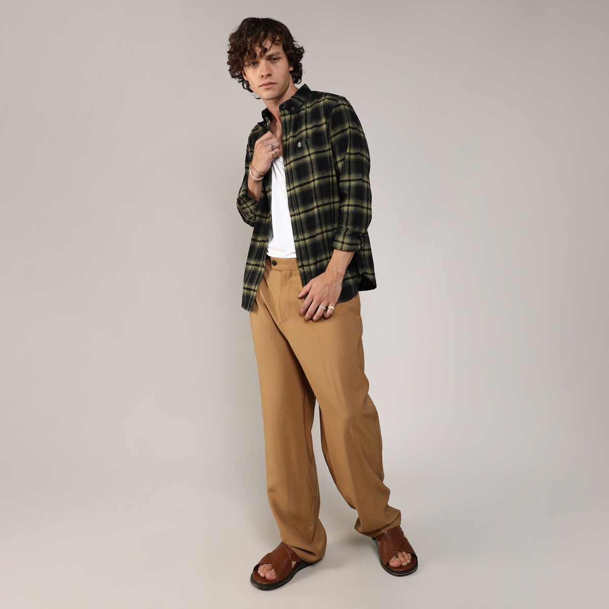 Campus Sutra Men's Midnight& Sage Green Brushed Buffalo Check Shirt - Black