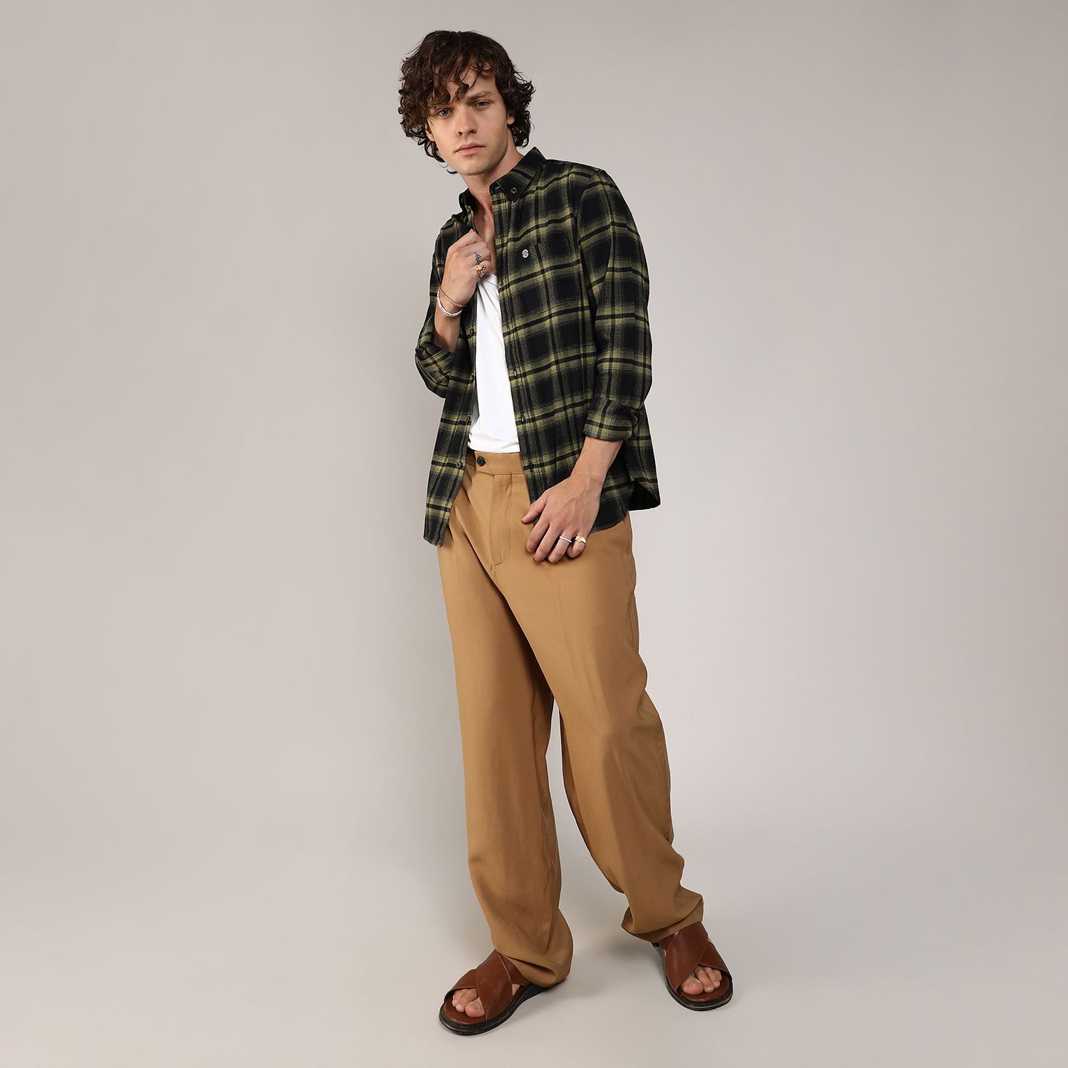 Men's Midnight Black & Sage Green Brushed Buffalo Check Shirt