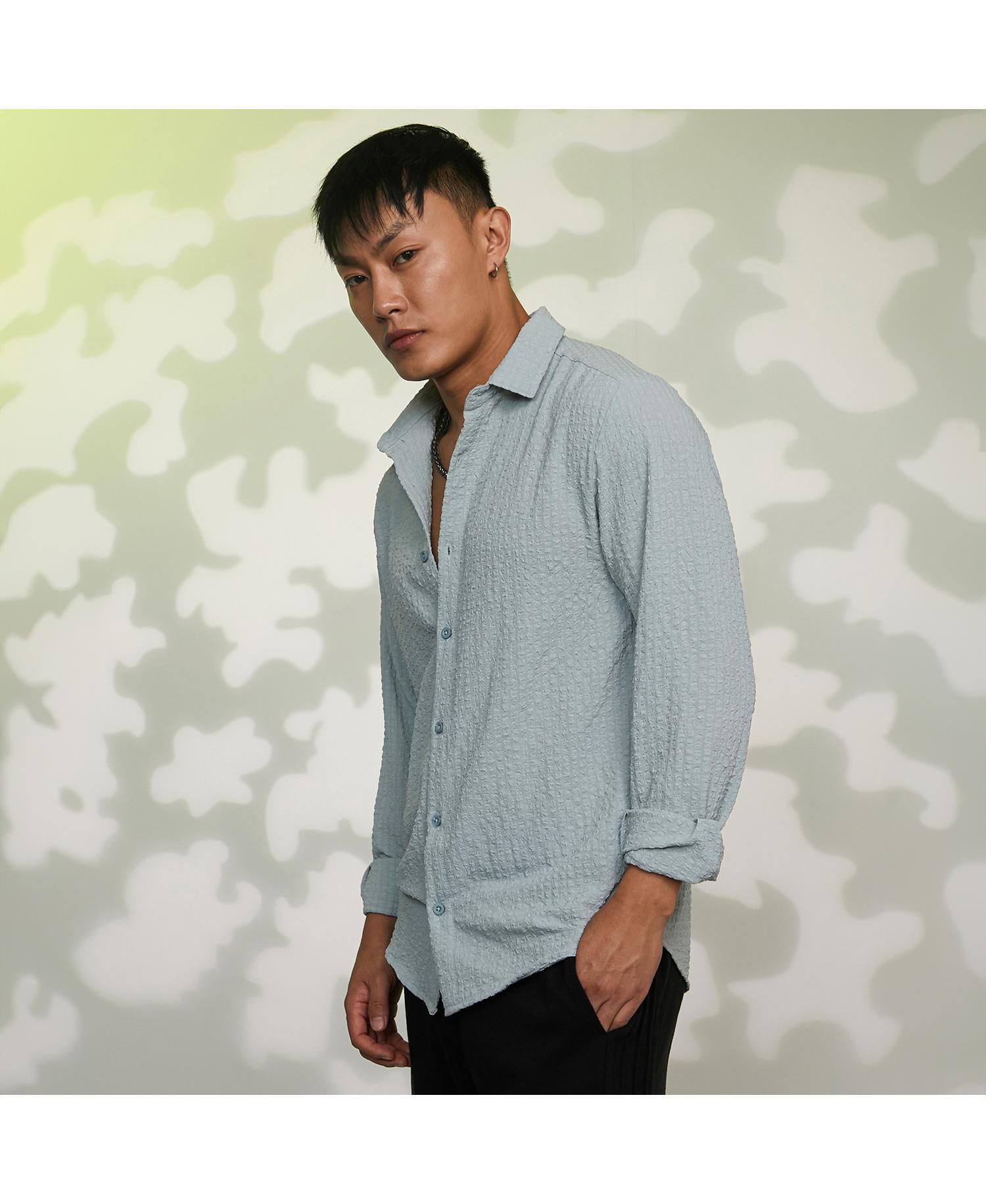 Men's Icy Blue Cubic-Seersucker Shirt