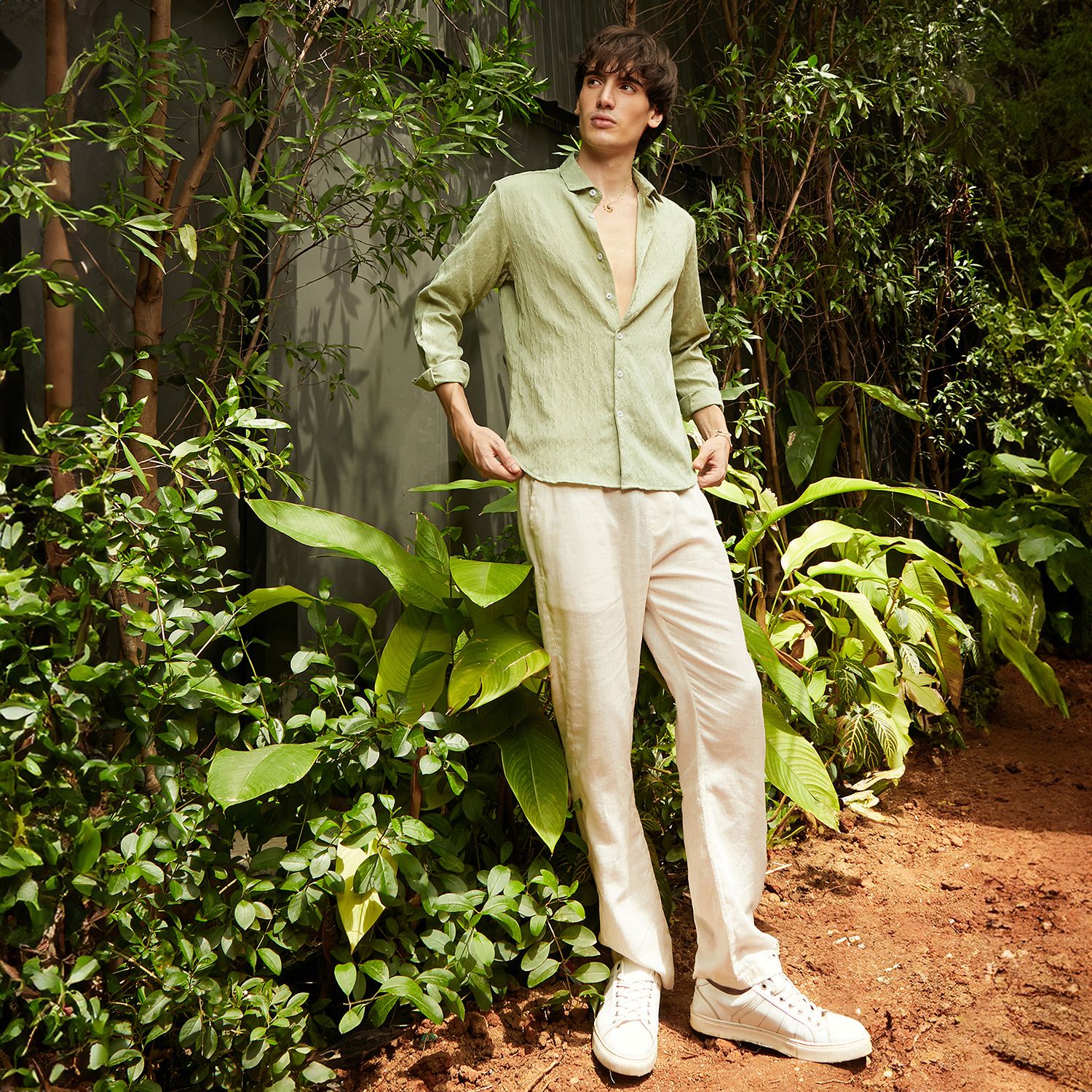 Men's Avocado Green Floral-Textured Shirt
