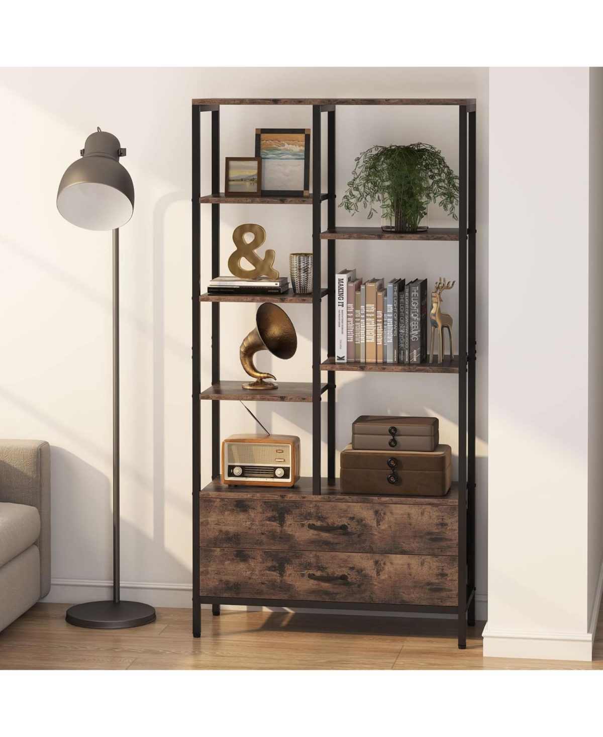Tribesigns Bookshelf Bookcase Set of 2, Modern Tall Bookcase with Drawers, 5-Tier Wood Etagere Bookshelves with Open Storage Space, 2 Drawer Book shle