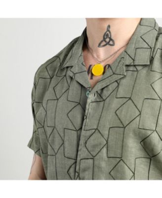 Men's Olive Green Embroidered Geometric-Lined Shirt