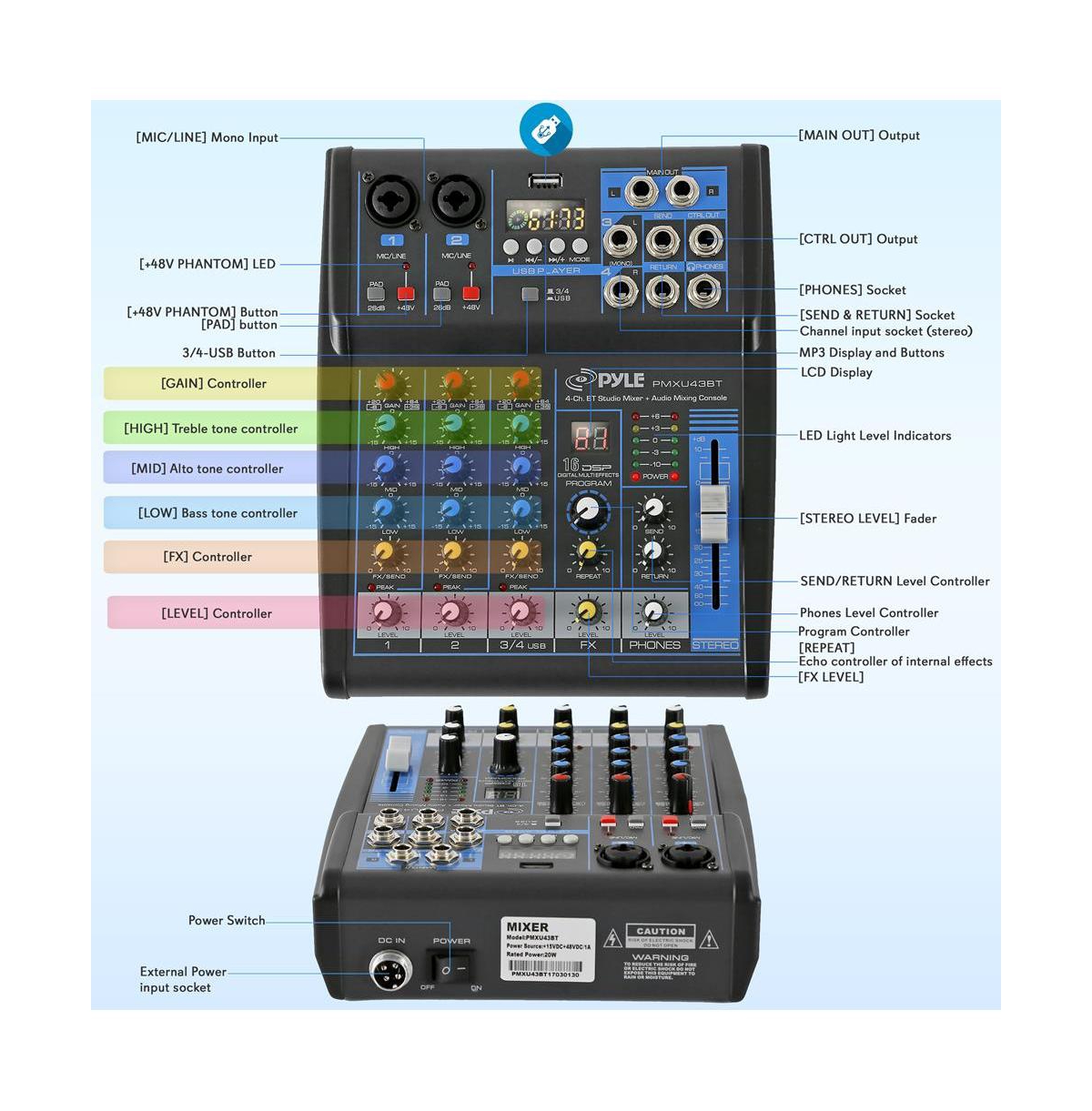 Pyle 4-Channel Bluetooth Pro Audio Dj Sound Mixer