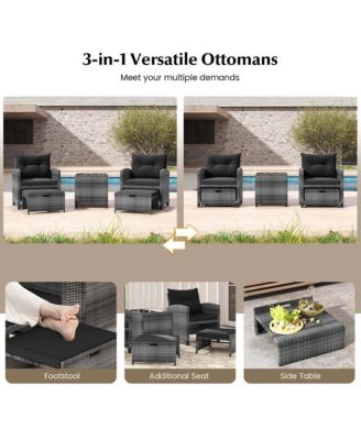 5 Piece Patio Rattan Furniture with 2 Ottomans & Coffee Table