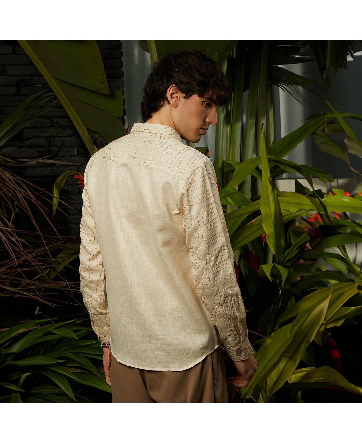 Men's Khaki Beige Curve-Lined Shirt