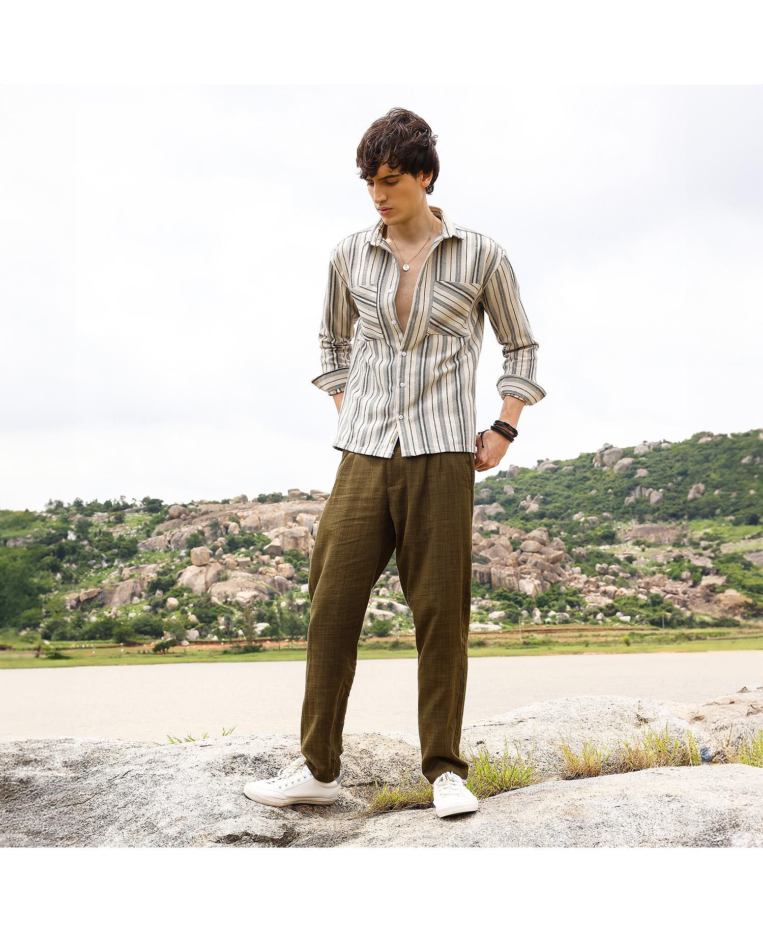 Men's Bone Beige & Cloud Grey Multitrack Striped Oversized Shirt