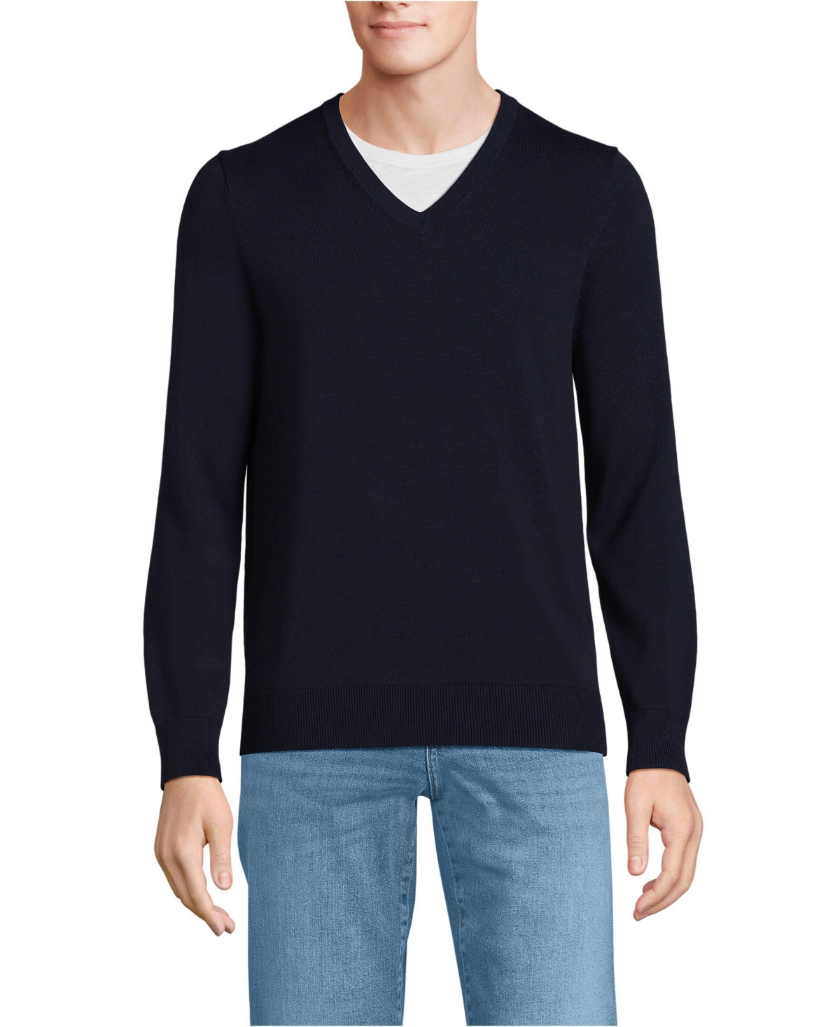 Big & Tall Fine Gauge Cotton V Neck Sweater - Black