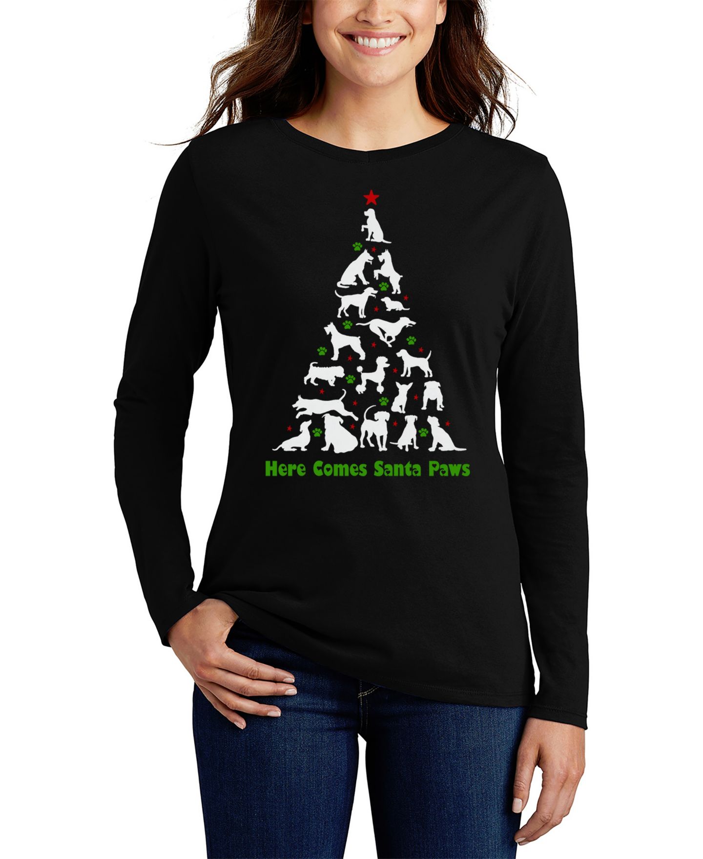 Женская футболка LA Pop Art Here Comes Santa Paws Art Long Sleeve, цвет: Чёрный — фото 1