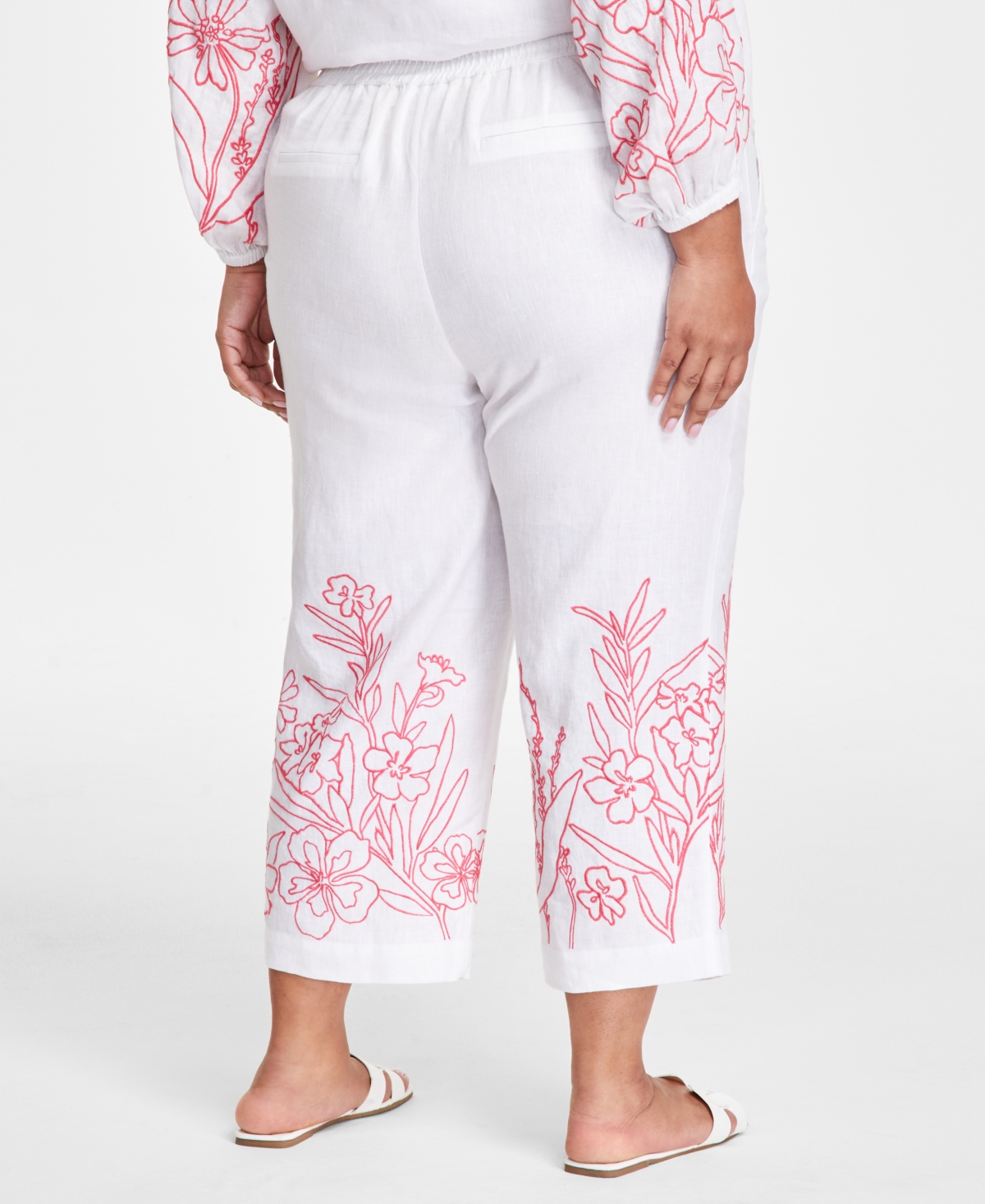 CHARTER CLUB PLUS SIZE 100% LINEN EMBROIDERED CROPPED PANTS, EXCLUSIVELY AT MACY'S 