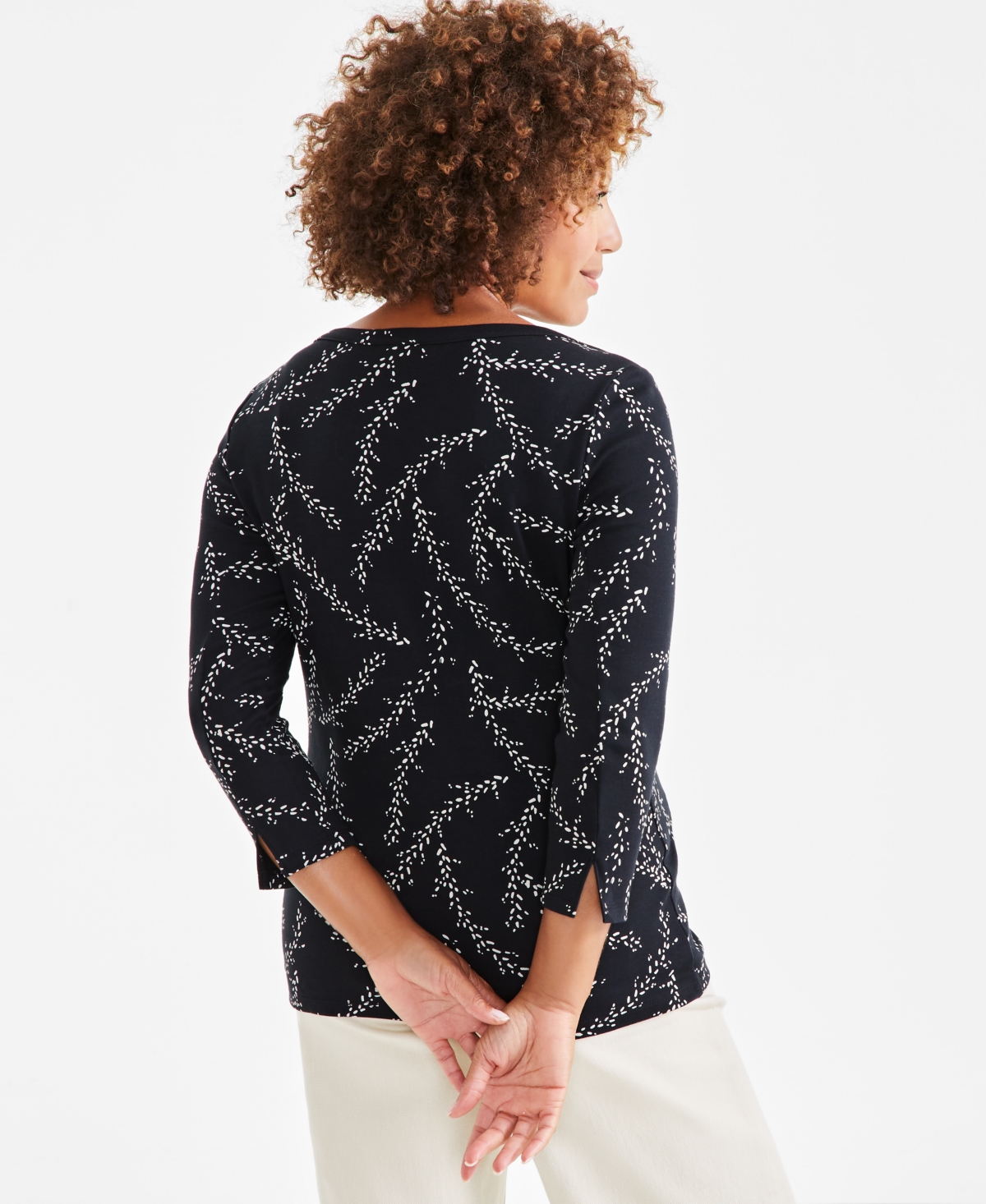 Style & Co Women's Pima Cotton Printed 3/4-Sleeve Top, Created for Macy's