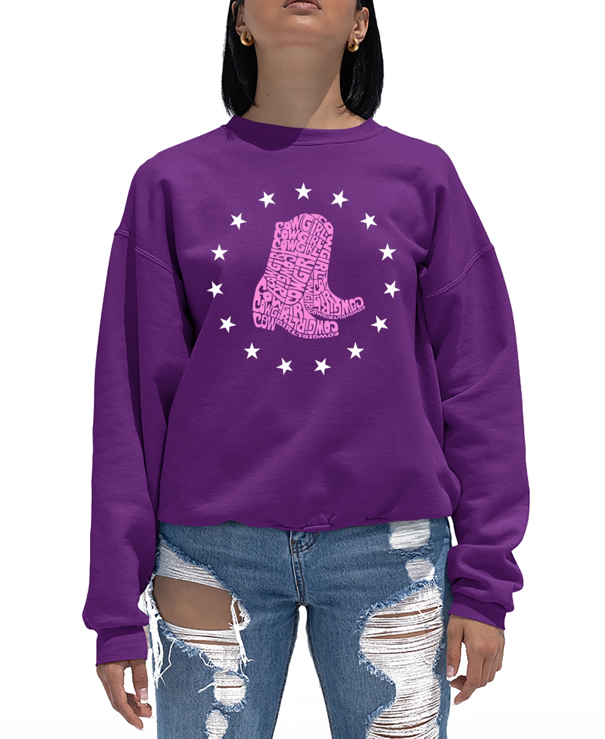 LA POP ART WOMEN'S COWGIRL BOOTS WORD ART CREWNECK SWEATSHIRT 