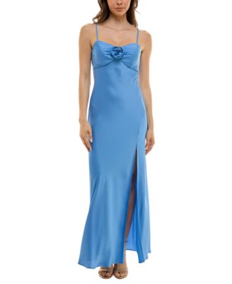 Juniors' Rosette-Trim Empire-Waist Side-Slit Gown