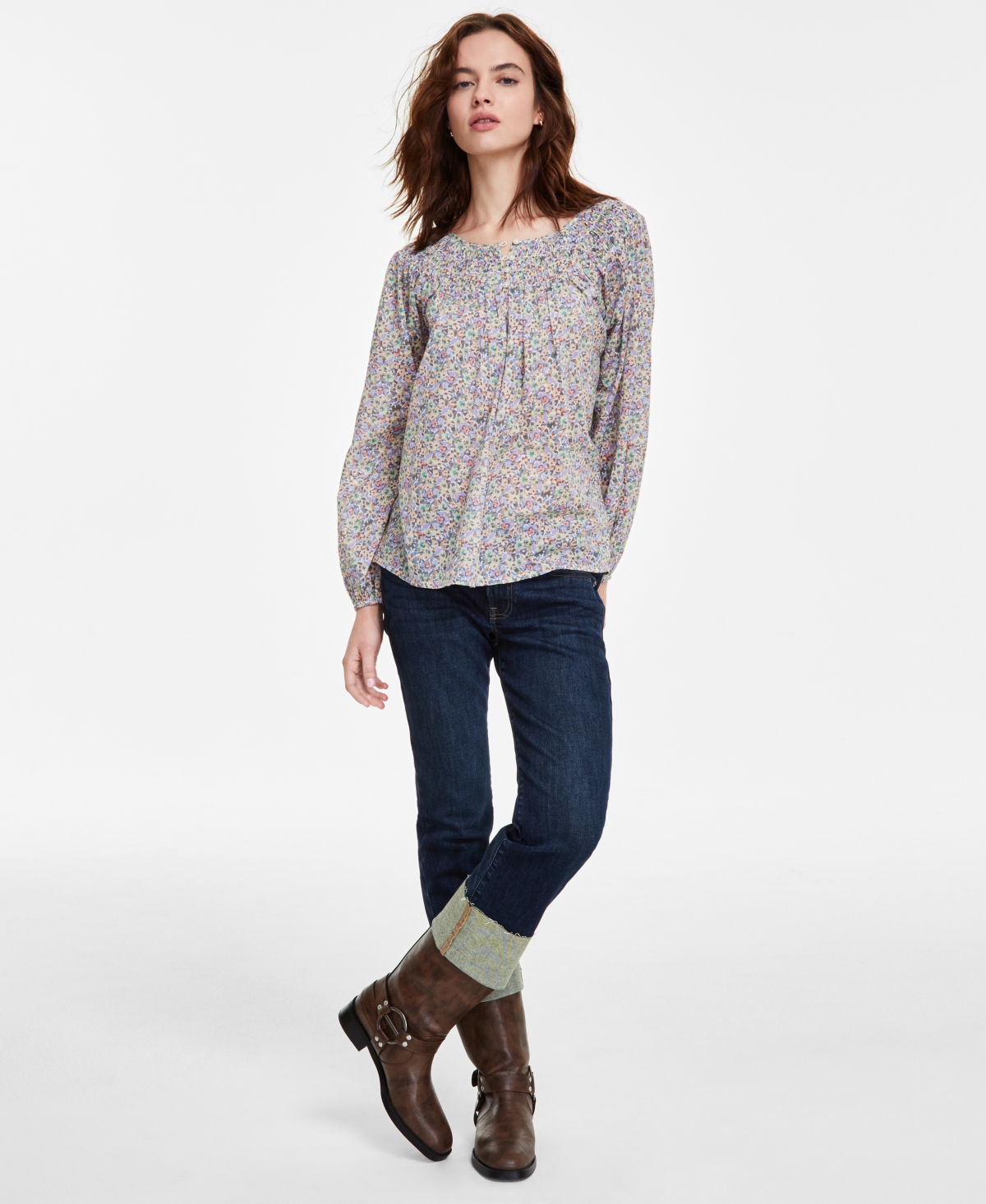 LUCKY BRAND WOMEN'S SMOCKED LONG-SLEEVE BLOUSE 