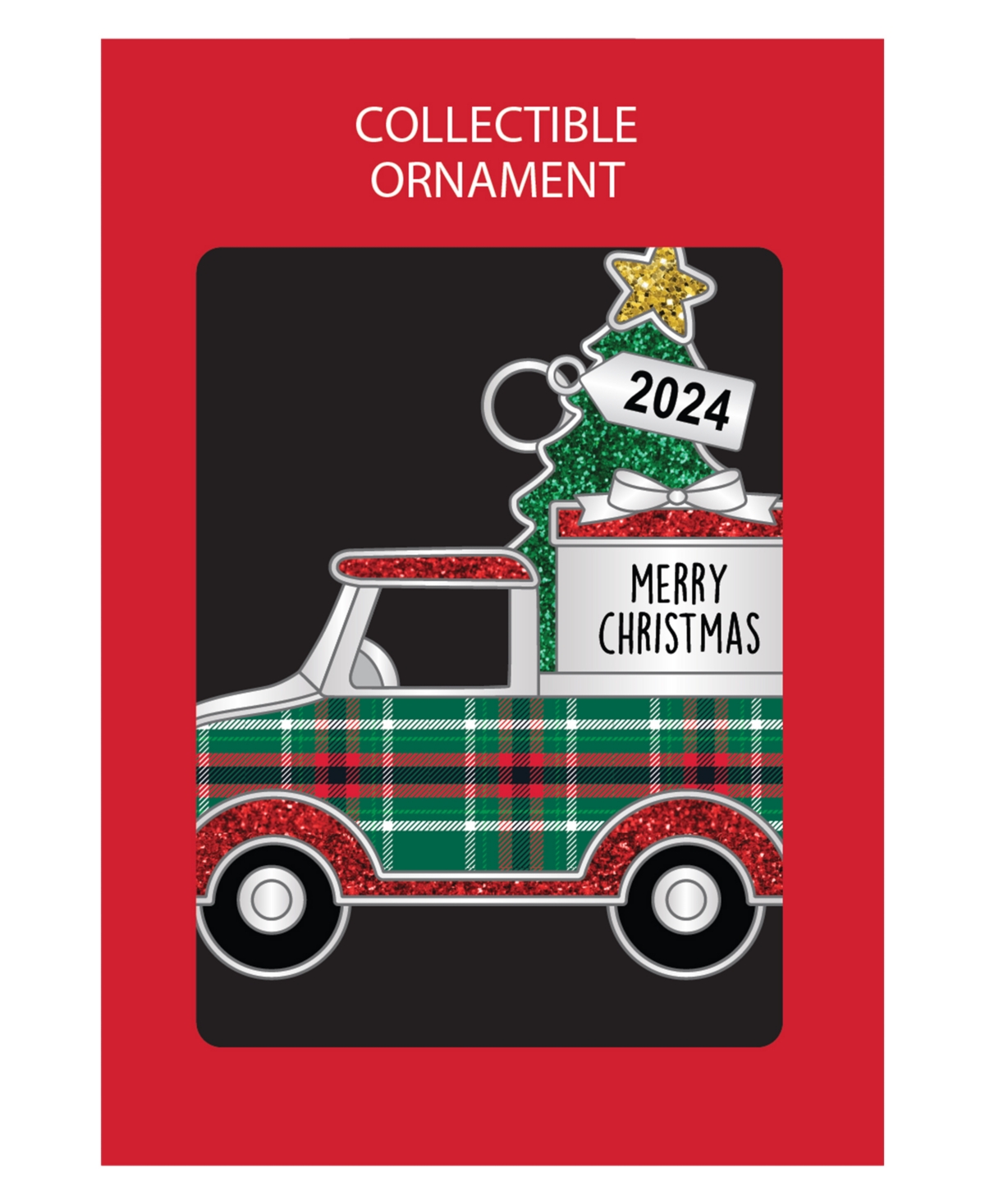 Ganz Plaid Truck with Tree Merry Christmas with Dated 2024 Charm Sentiment Ornament - Red, Silver