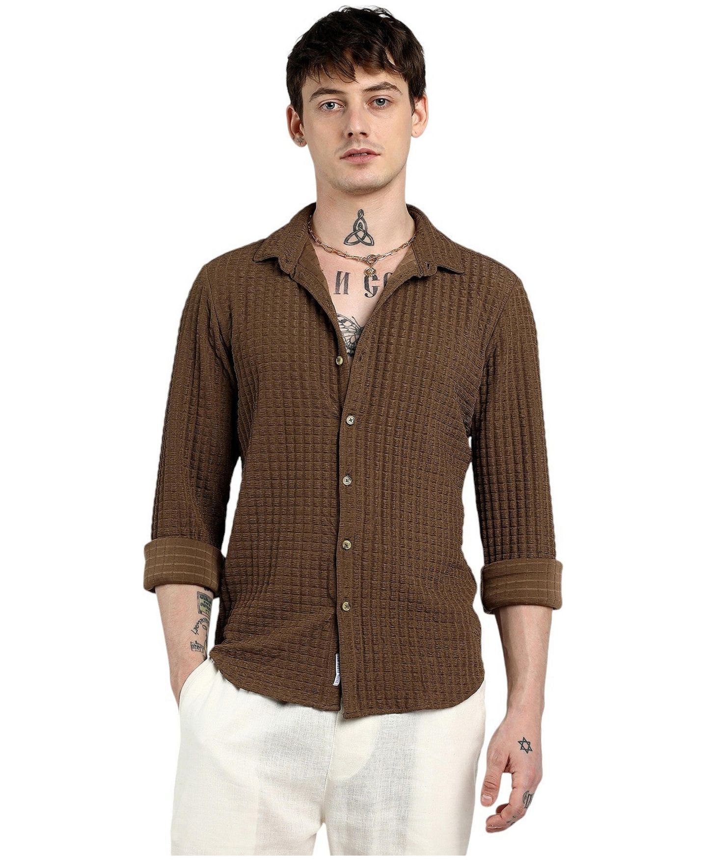 Мужская рубашка Cahoot Campus Sutra Chocolate Brown Cube-Textured, цвет: Коричневый — фото 1