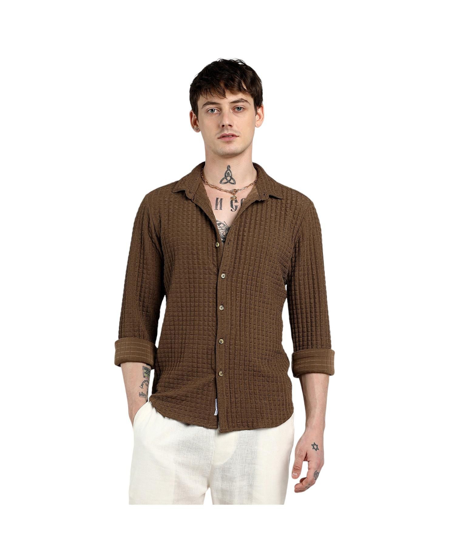 Men's Chocolate Brown Cube-Textured Shirt