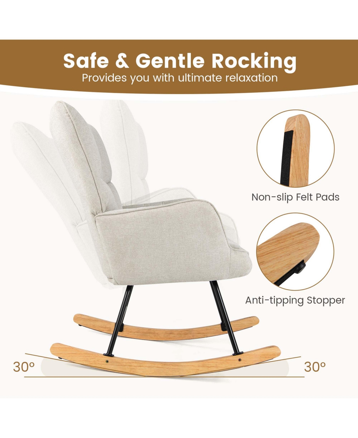 Costway Linen Nursery Rocking Chair with High Backrest Padded Armrests & Seat for Nursery Light