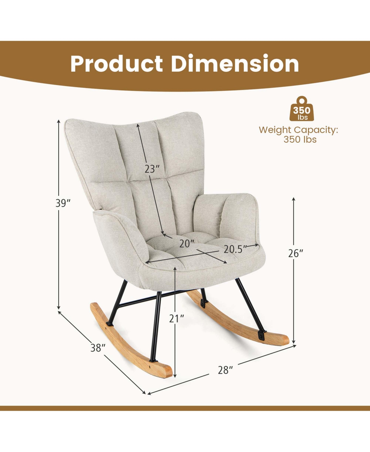 Costway Linen Nursery Rocking Chair with High Backrest Padded Armrests & Seat for Nursery Light