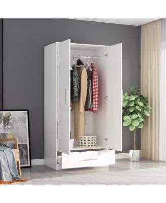 White 2-Door Wardrobe Armoire with 1-Drawers and Hanging Rod