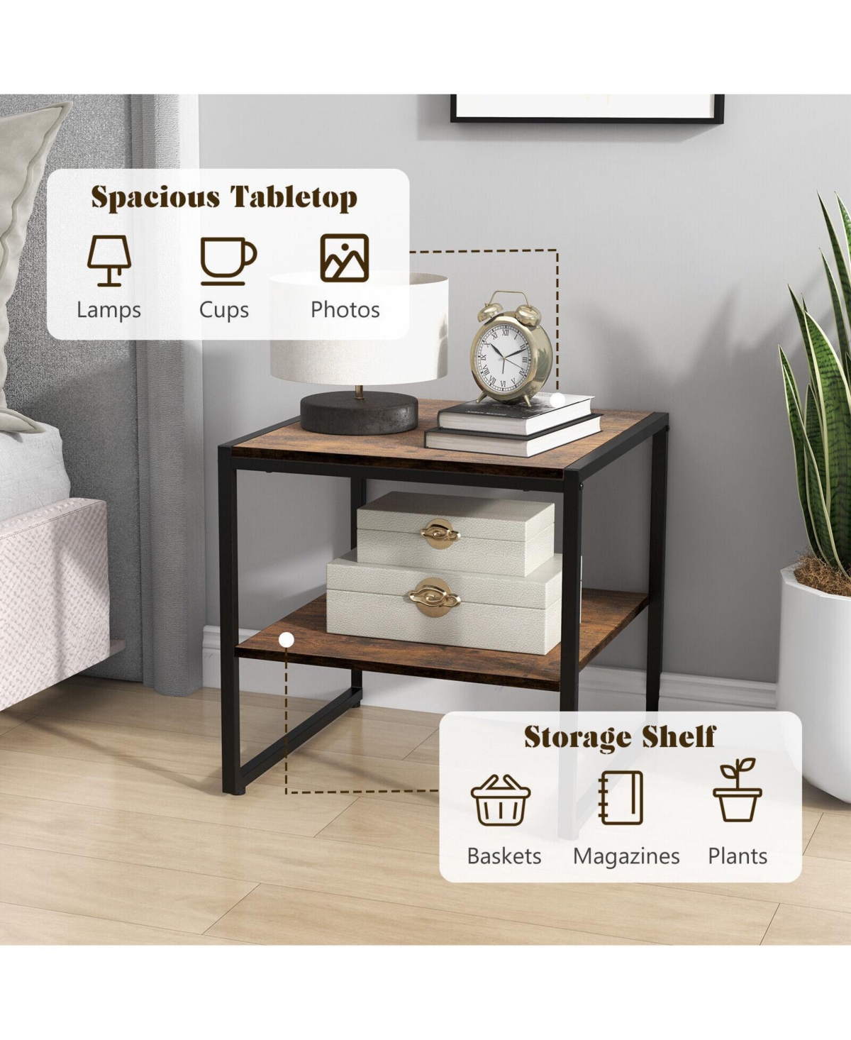 Gymax 2PCS 2-Tier End Side Sofa Coffee Table 20'' Square Table for Living Room Bedroom - Rustic brown+black
