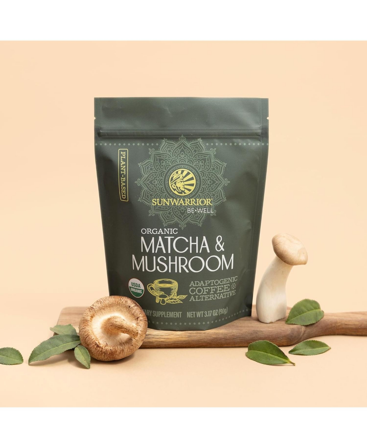 Sunwarrior Be Well Organic Matcha and Mushroom Powder, Matcha & Mushroom Coffee Alternative, Sunwarrior, 90g