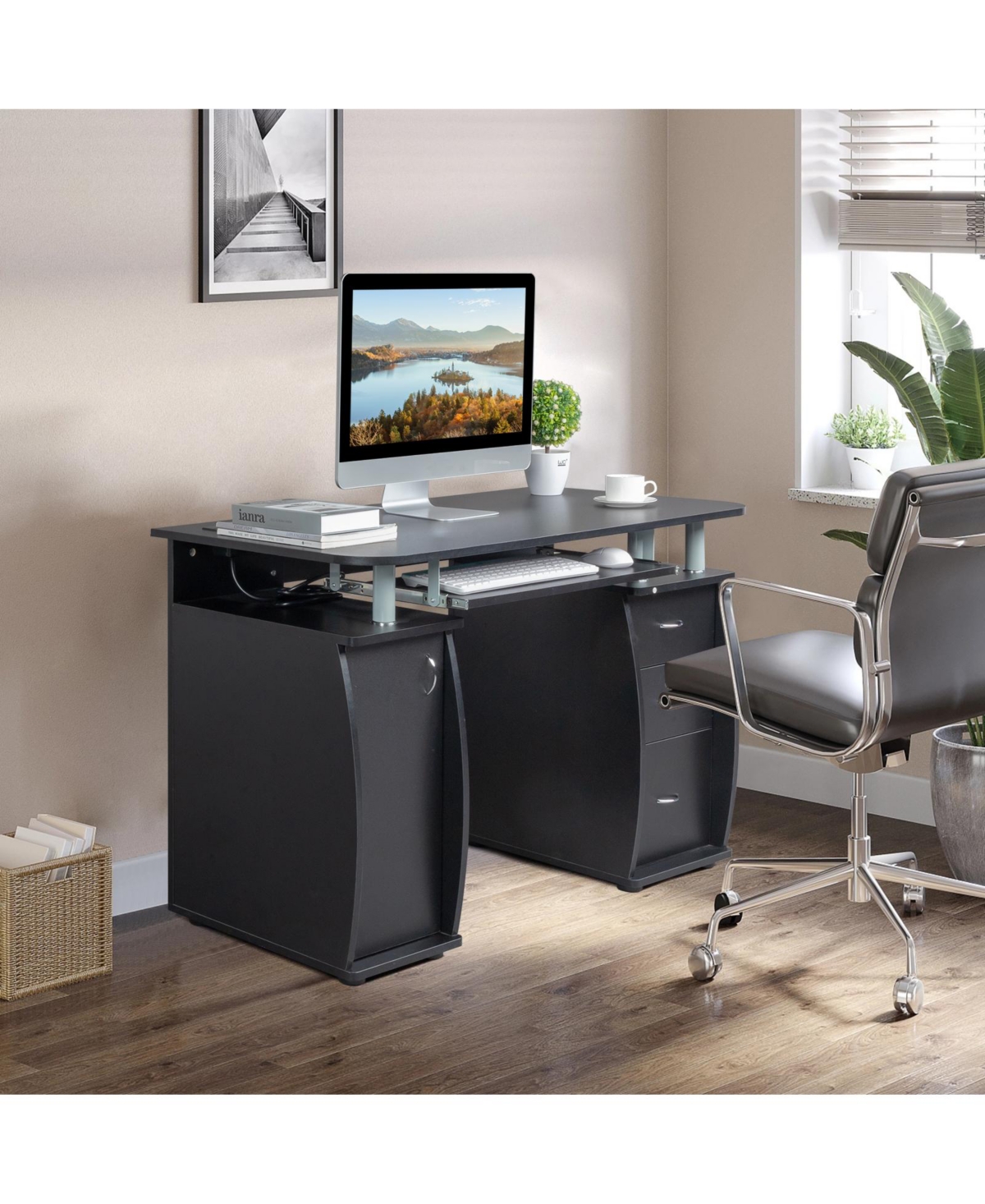 Slickblue Portable Computer Desk –Pb Wood, 15mm, with 1 Door and 3 Drawers - Black