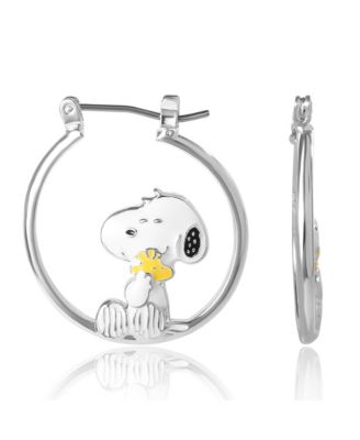 Snoopy Hugging Woodstock Enamel Hoop Earrings - Cute Cartoon Character Jewelry