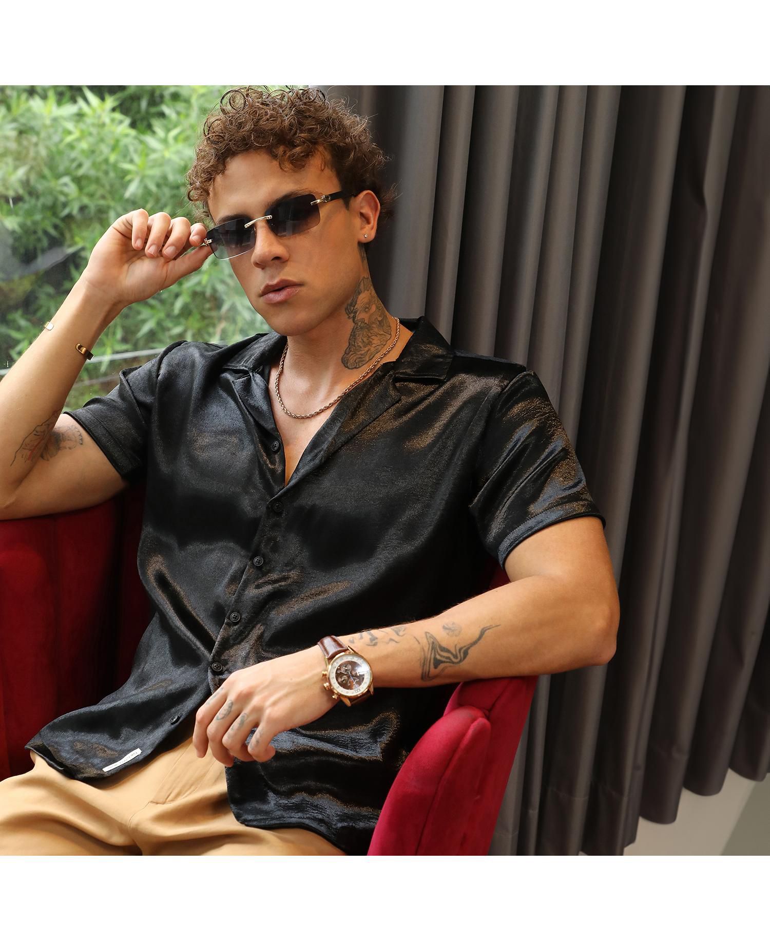Men's Midnight Black Solid Satin Shirt