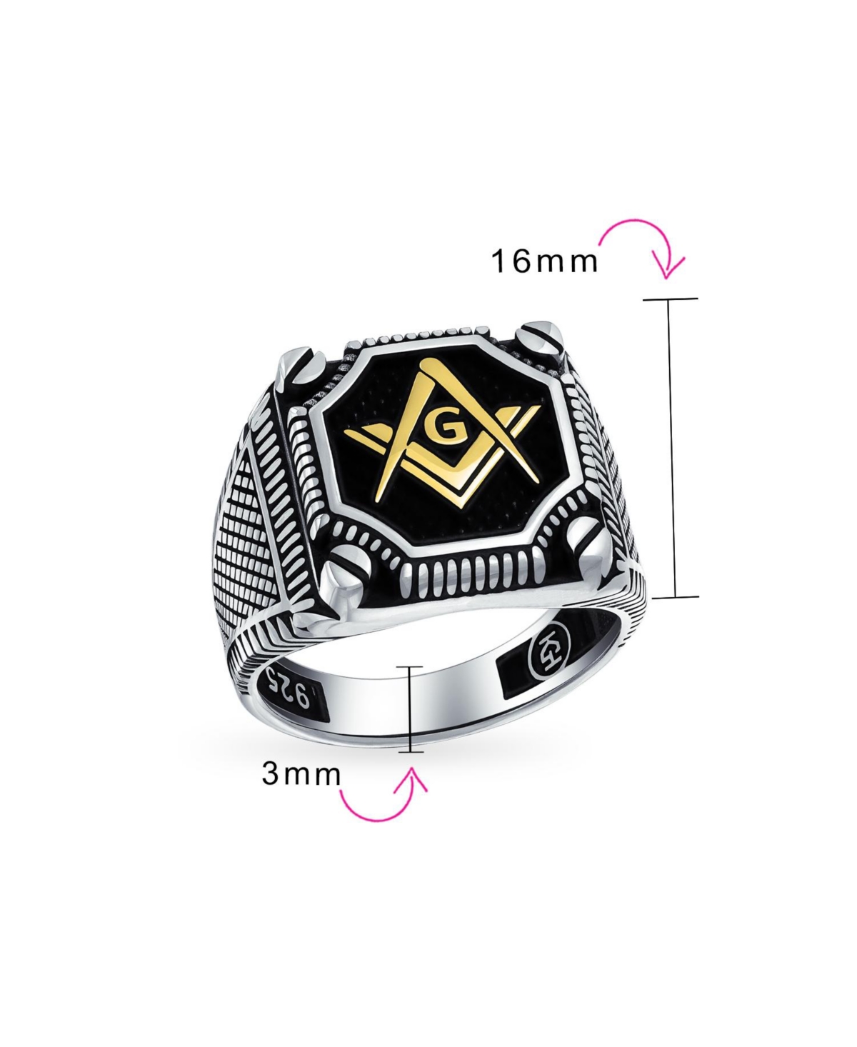 Bling Jewelry Black Large Freemason Masonic Signet Ring Solid .925 Silver - Gold-silver