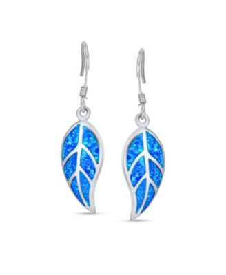Native American Inspired Red Brown Blue Created Opal Inlay Lever back Nature Leaf Dangle Drop Earrings .925 Sterling Silver
