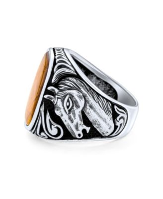 Natural Black Onyx Brown Tiger Eye Equestrian Stallion Horse Ring Sterling Silver