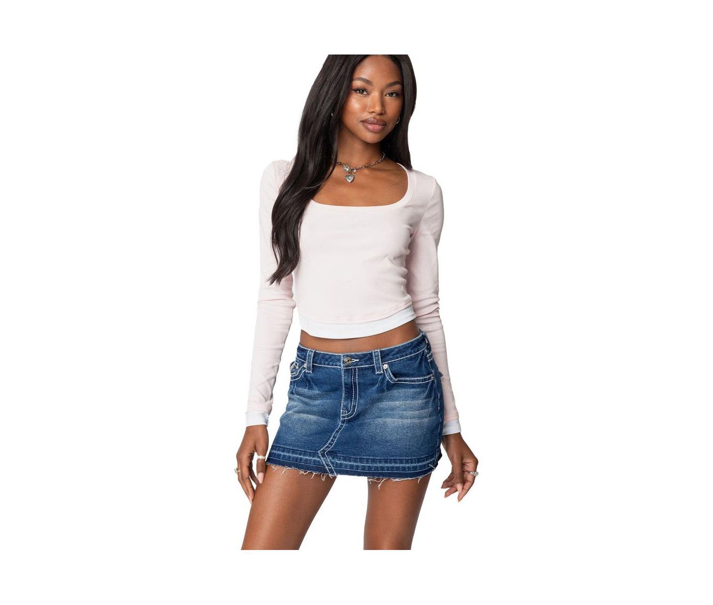 Женская футболка Edikted Nykita Layered Long Sleeve, цвет: Светлый розовый — фото 1
