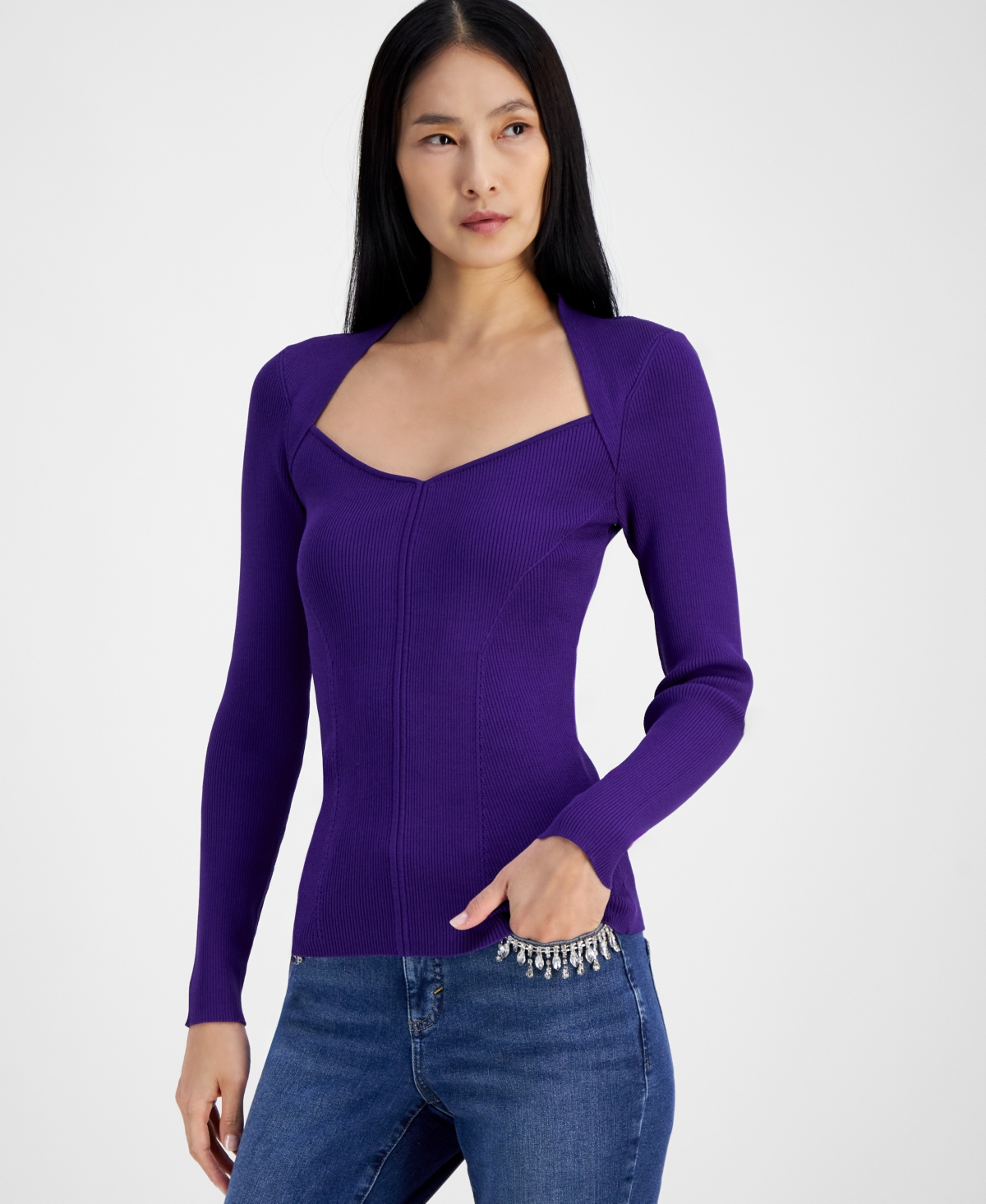 Women's Ribbed Long-Sleeve Sweater, Created for Macy's - Deep Iris