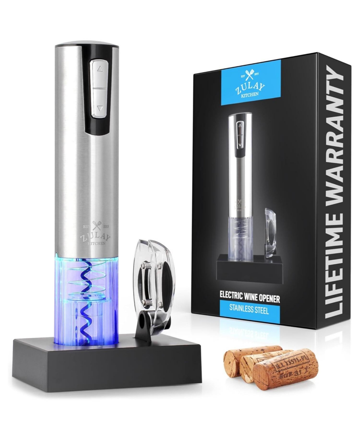 Electric Wine Opener With Charging Base and Foil Cutter - Stainless Steel Automatic Wine Bottle Opener