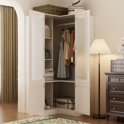 Corner Wardrobe Closet with 2 Glass Doors, Armoire with Hanging Rod