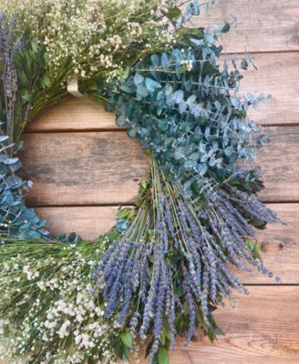 Real Preserved Wreath Baby Blue Eucalyptus, Dried Lavender and Baby's Breath, 22"