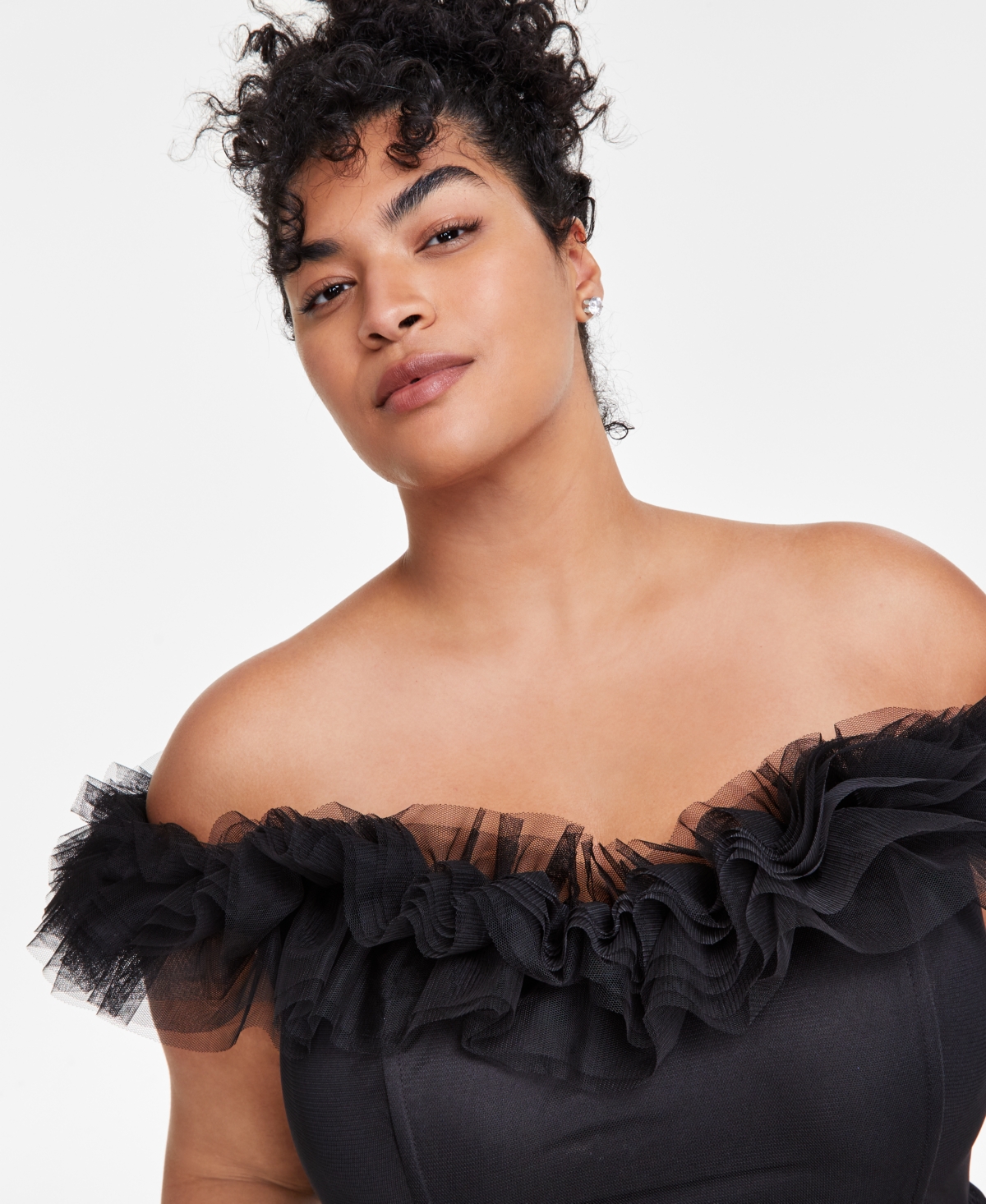 City Studios Trendy Plus Size Tulle-Trim Off-The-Shoulder Gown, Created for Macy's