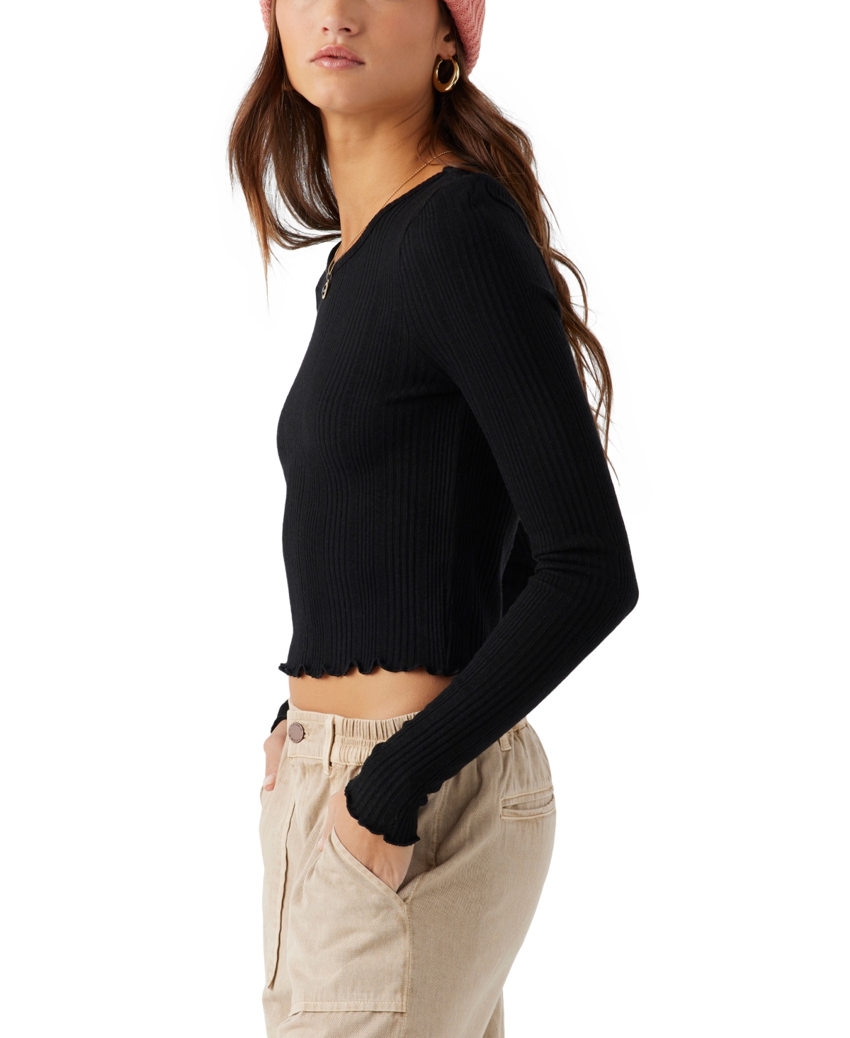 Shop O'neill Juniors' Parks Ribbed Lettuce-edge Long-sleeve Top In Black