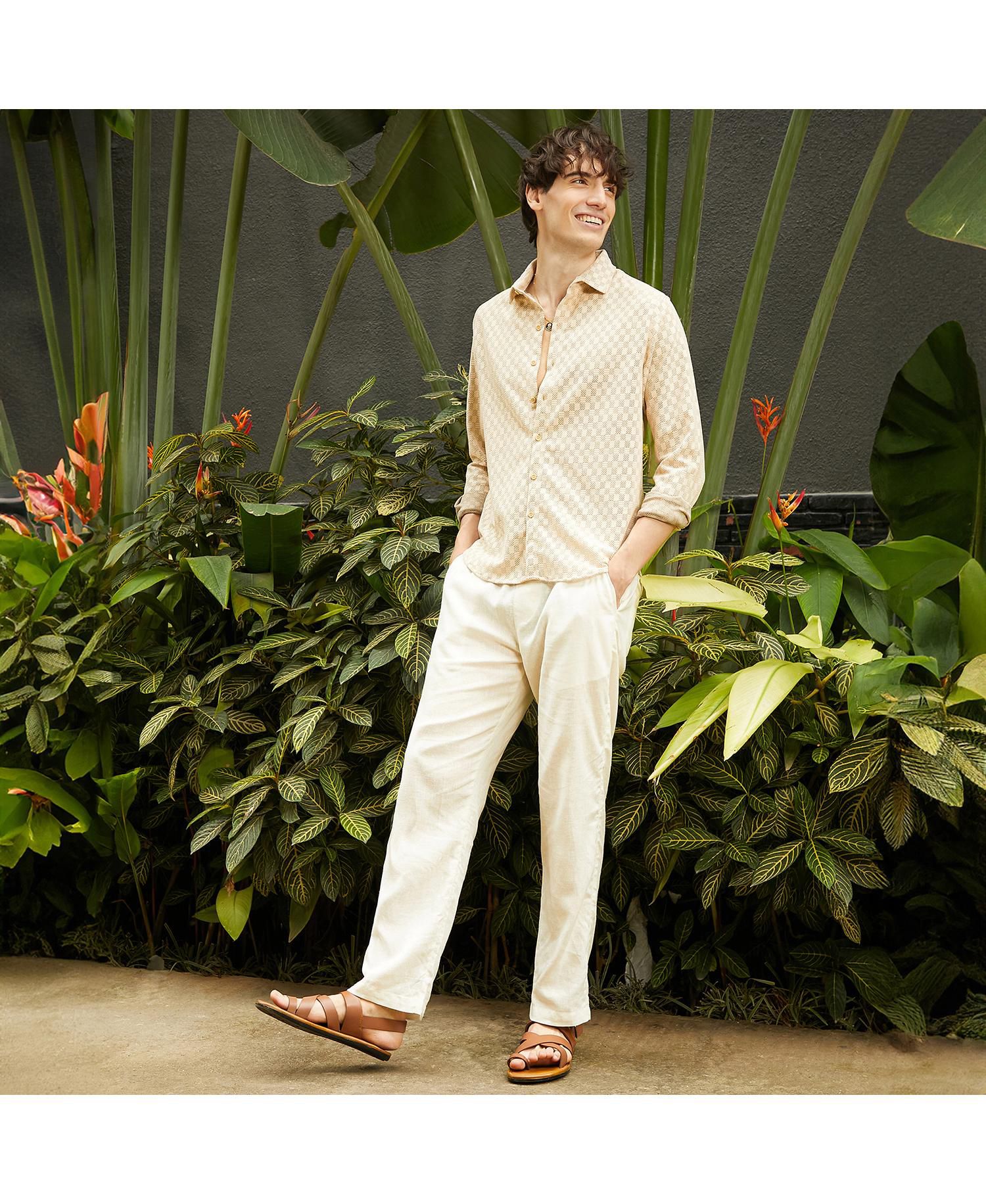 Men's Saltbox Beige Checkered-Textured Shirt