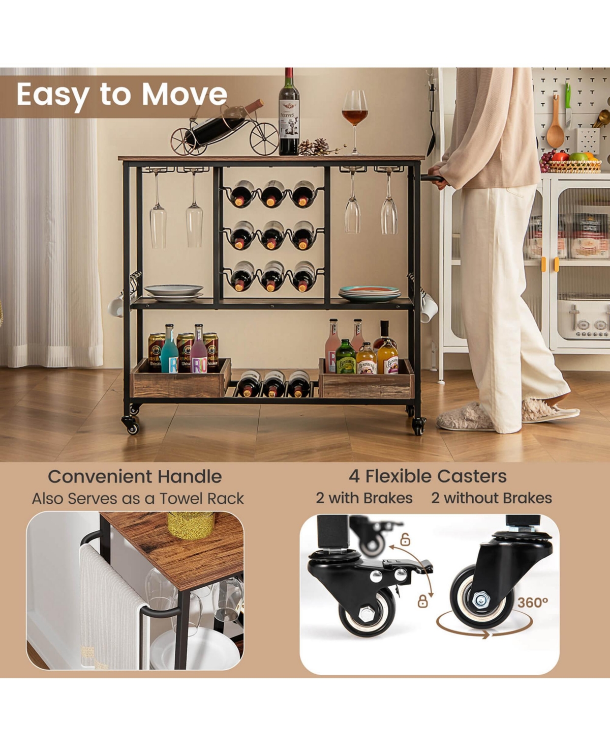 Costway 3 Tiers Bar Cart Home Serving on Wheels with Glass Racks Wine Holders
