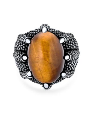 Big Retro Stripe Statement Oval Signet Natural Tiger Eye Claw Ring Silver