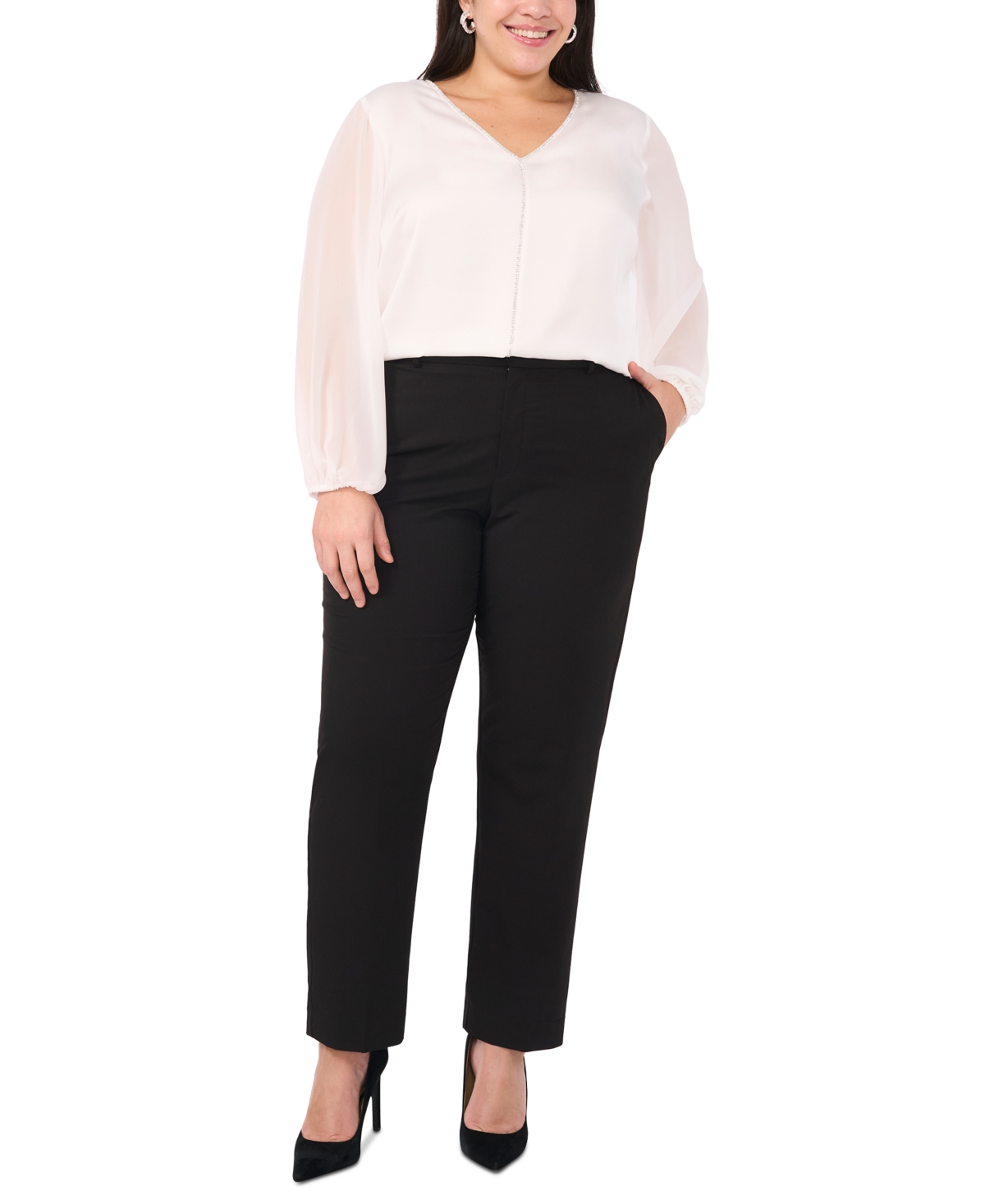 Vince Camuto Plus Size V-Neck Blouson-Sleeve Blouse, Created for Macy's