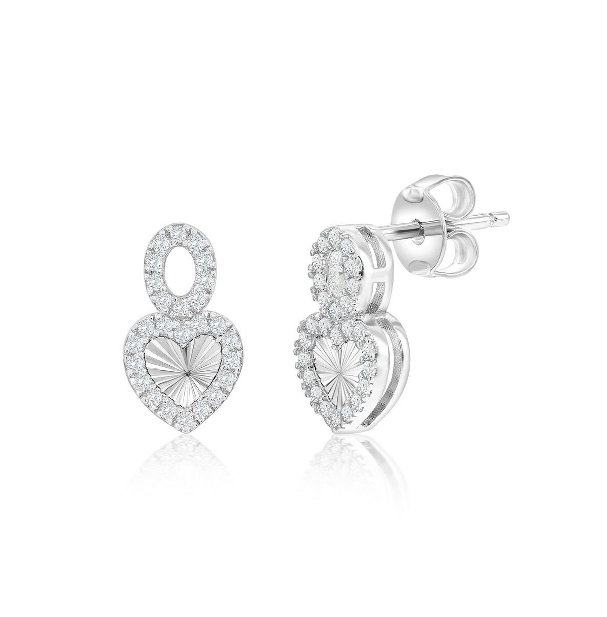 Sterling Silver, Diamond-Cut Heart & Oval Cz Earrings - Silver