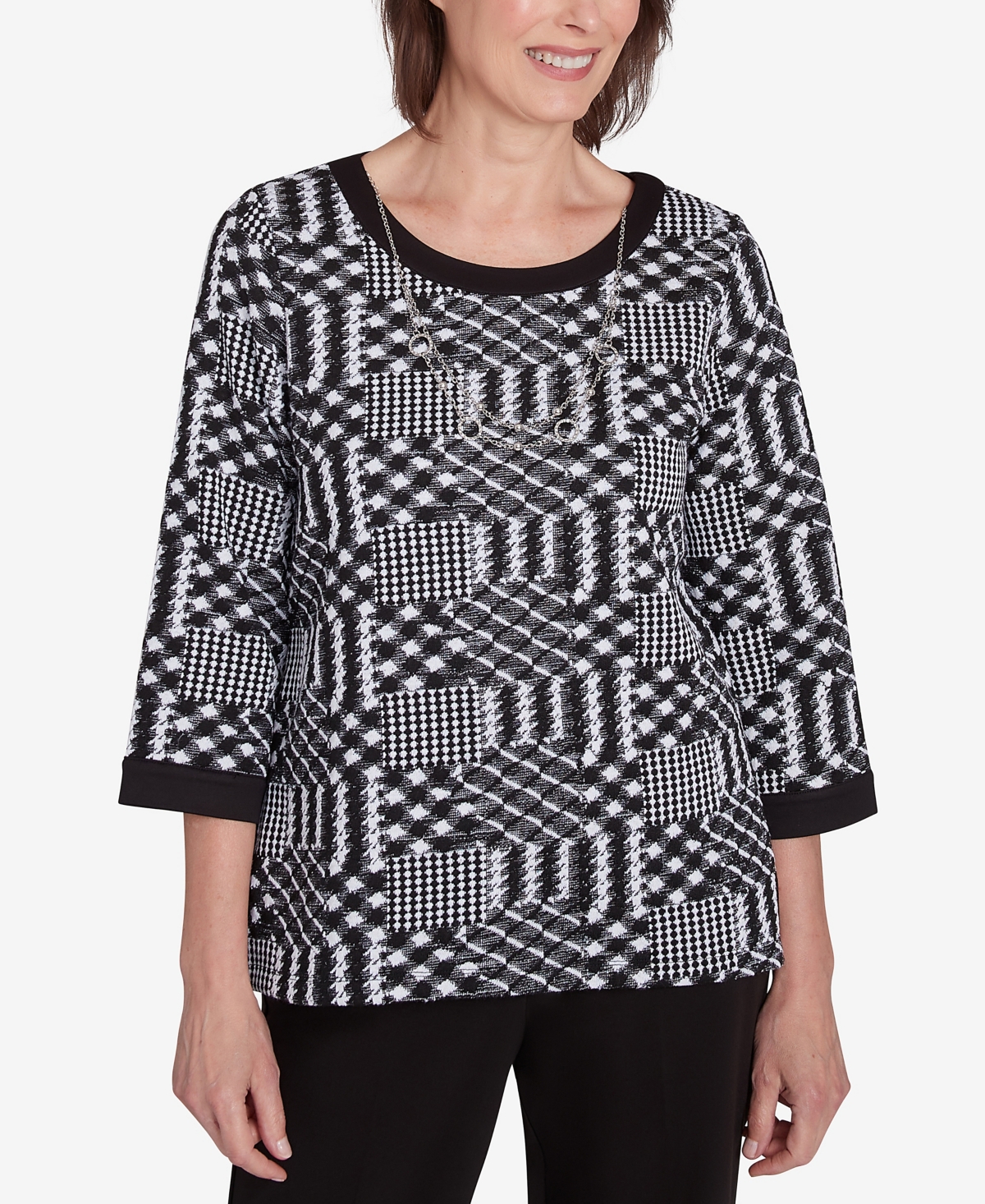 Alfred Dunner Runway Ready Women's Houndstooth Textured Top In Multi Black