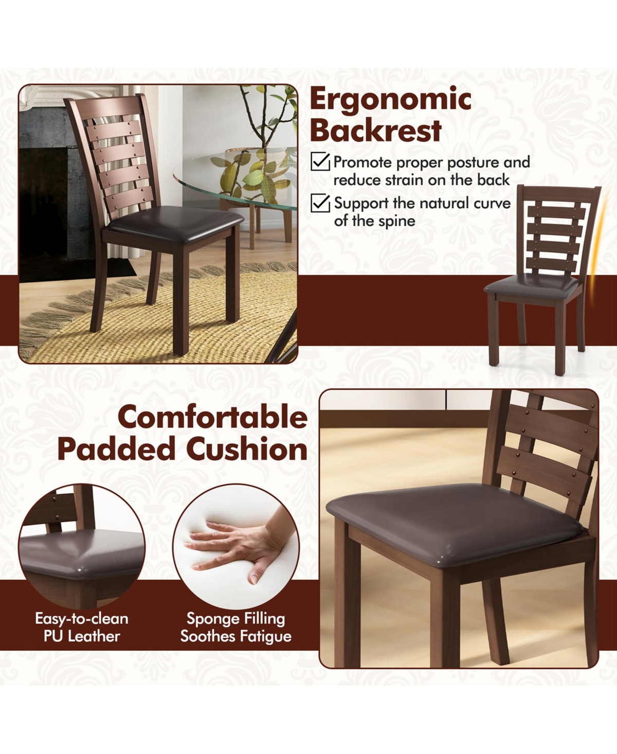Costway Wooden Dining Chairs Set of 4 with Upholstered Seat & Rubber High Back